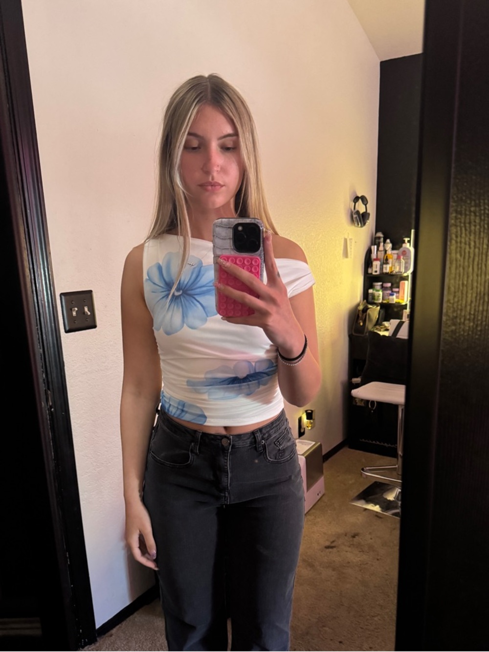 Off-Shoulder White Crop Top with Blue Floral Print